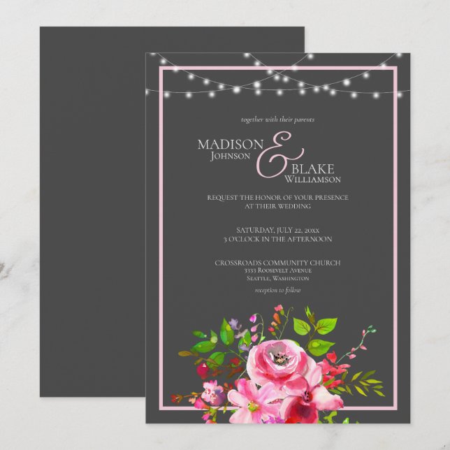 Elegant Charcoal Gray and Pink Wedding Invitation (Front/Back)