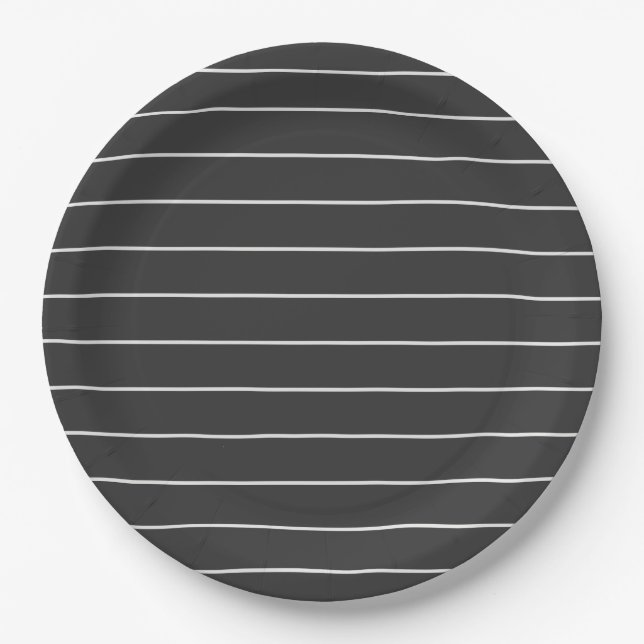 Elegant Charcoal Gray and White Pinstripe Pattern Paper Plates (Front)