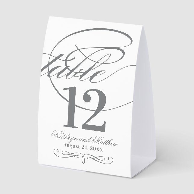 Elegant Charcoal Gray Calligraphy Script Wedding Paper Table Tent (Front)
