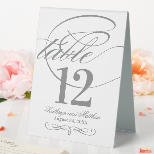 Elegant Charcoal Gray Calligraphy Script Wedding Table Tent Sign