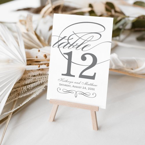 Elegant Charcoal Gray Calligraphy Wedding Monogram Table Number