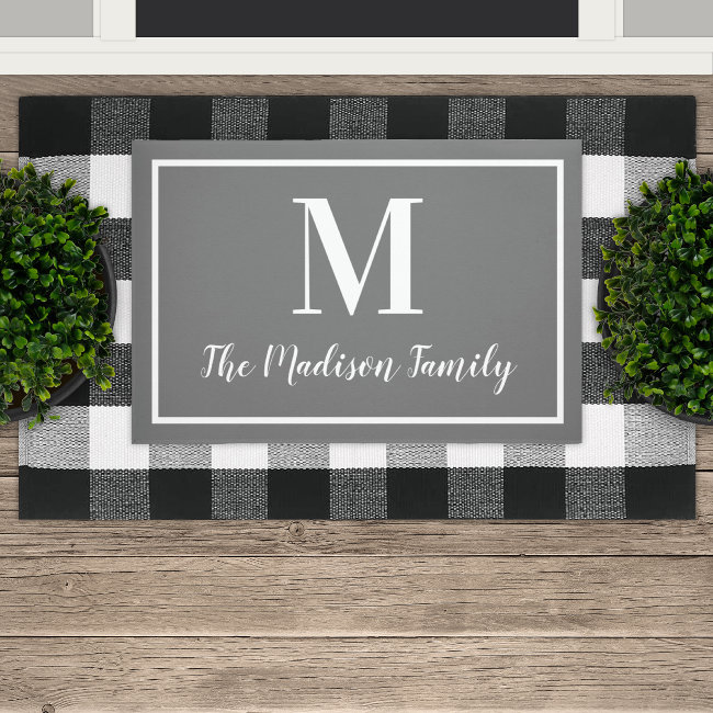 Elegant Charcoal Gray Custom Monogram Initial Doormat