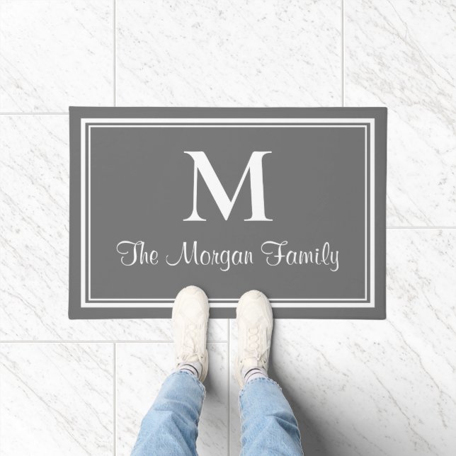 Elegant Charcoal Gray Double Borders Monogram Doormat (Indoor)