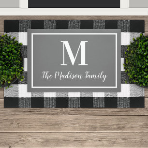 Elegant Charcoal Gray Monogram Family Name Doormat
