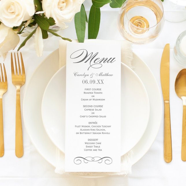 Elegant Charcoal Gray Scroll Wedding Monogram Menu (Creator Uploaded)