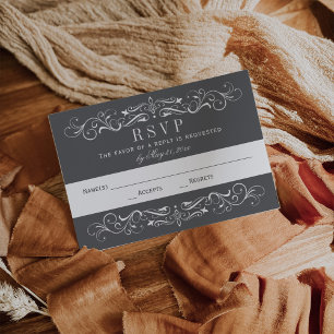 Elegant Charcoal Gray Scrollwork Wedding RSVP Card
