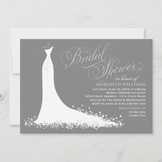 Elegant Charcoal Gray Wedding Gown Bridal Shower Invitation (Front)