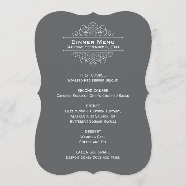 Elegant Charcoal Gray Wedding Monogram Dinner Menu (Front)