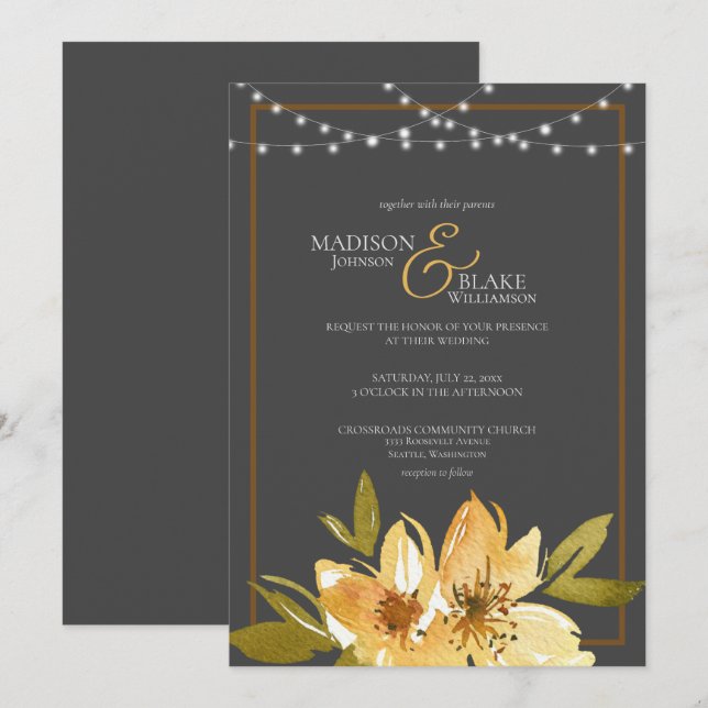 Elegant Charcoal Gray, Yellow and Copper Wedding Invitation (Front/Back)