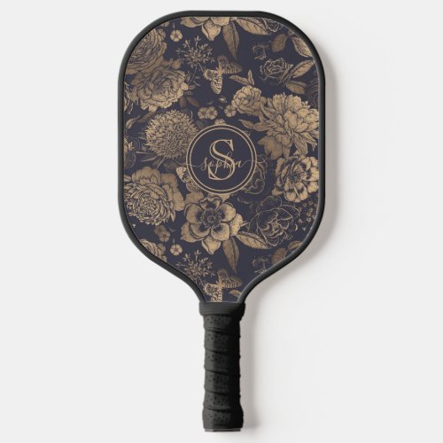 Elegant Charcoal Grey Gold Vintage Peonies Roses Pickleball Paddle