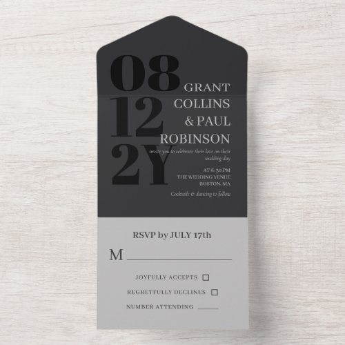 Elegant Charcoal  Grey Typography Wedding All In One Invitation