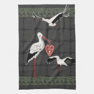Elegant Charcoal & Moss Folk Stork 2026 Calendar Kitchen Towel
