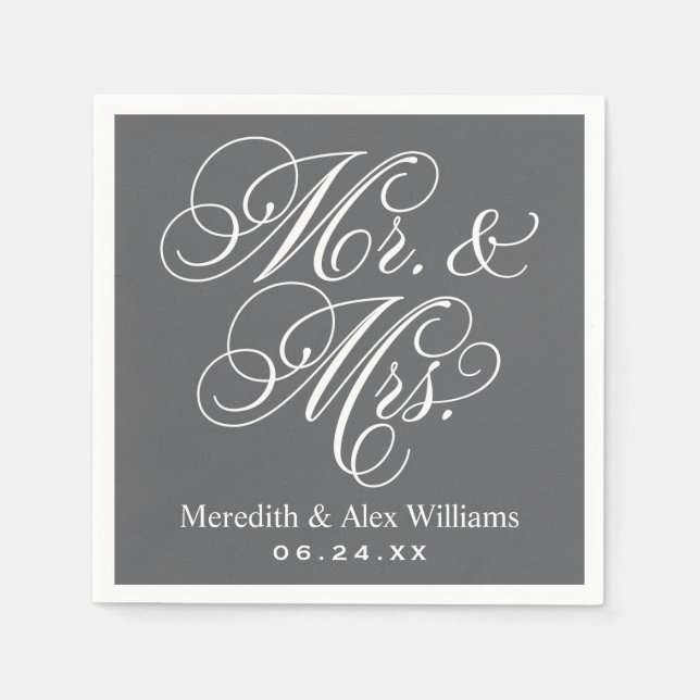 Elegant Charcoal Mr and Mrs Script Custom Monogram Paper Napkins (Front)