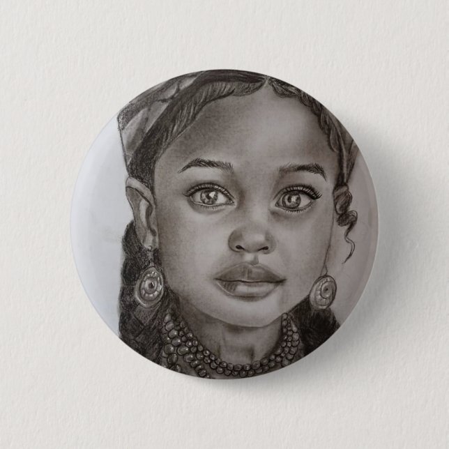 Elegant Charcoal & Pencil Girl Portrait Illustrati Button (Front)
