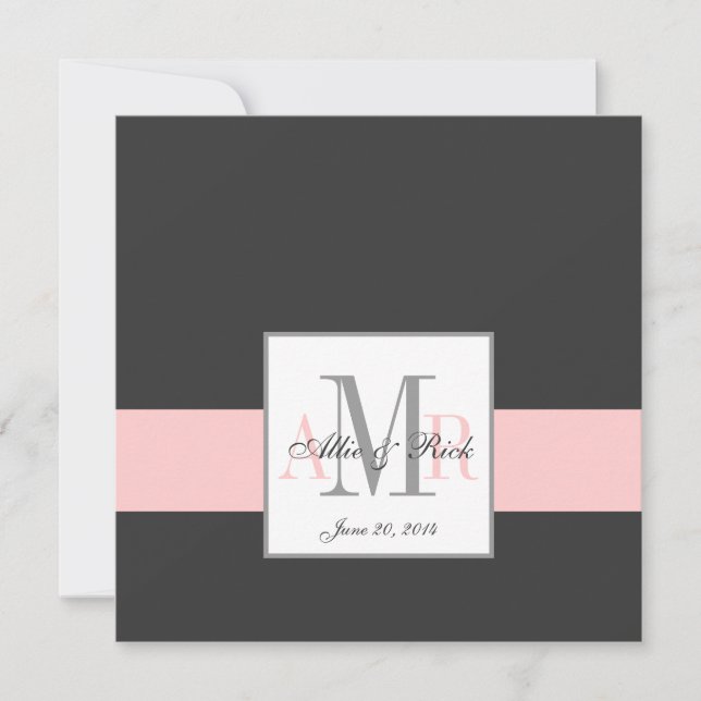 Elegant Charcoal Pink Monogram Wedding Invitation (Front)