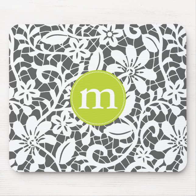 Elegant Charcoal Retro Lace Personalized Monogram Mouse Pad (Front)