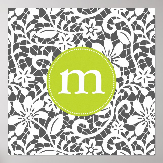 Elegant Charcoal Retro Lace Personalized Monogram Poster (Front)