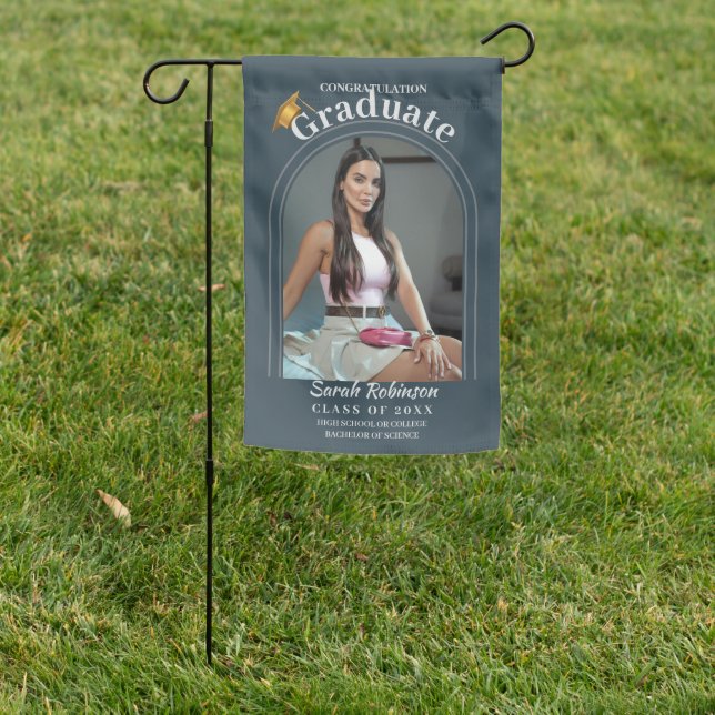Elegant Charcoal Script Arch Photo Class Year Grad Garden Flag (In SItu)