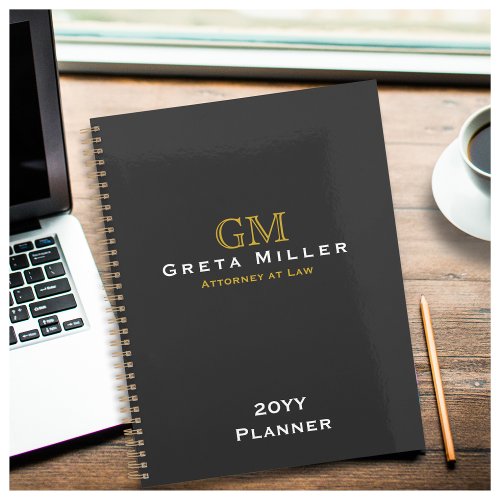 Elegant Charcoal Simple Classic Gold Monogram Planner