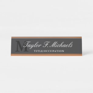 Elegant Charcoal White Monogram & Name Desk Name Plate