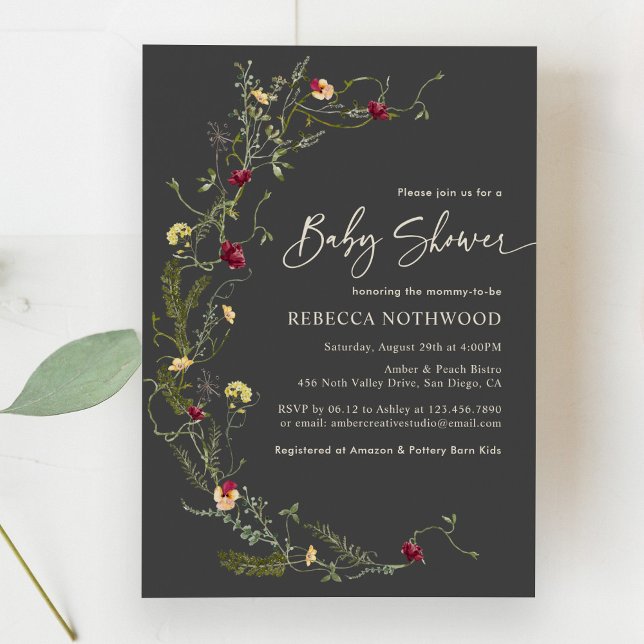 Elegant Charcoal Wildflower Baby Shower Invitation (Creator Uploaded)