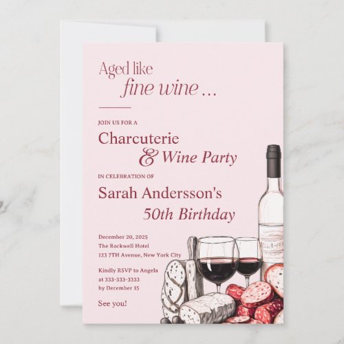 Elegant Charcuterie  Wine 50th Birthday Blush Invitation