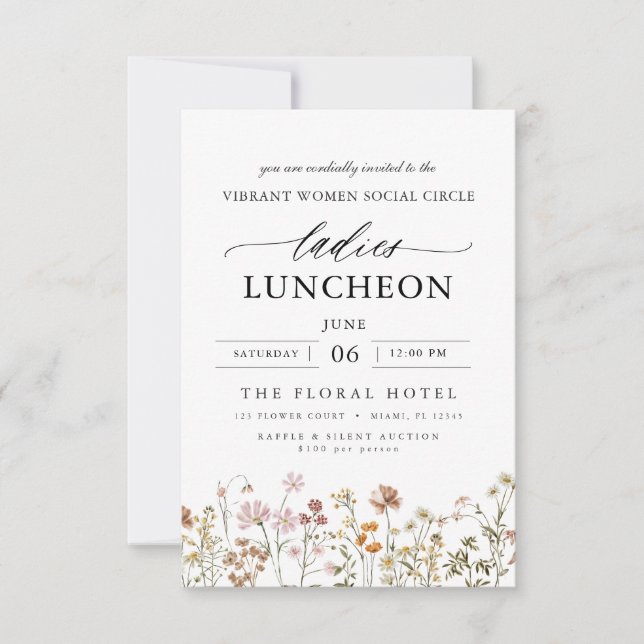 Elegant Charity Lunch Watercolor Wildflower Invitation (Front)