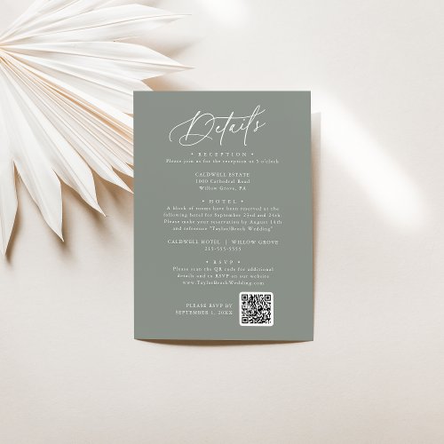 Elegant Charm Dark Sage Wedding Details Card