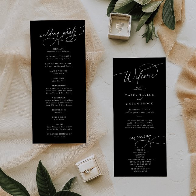 Elegant Charm Flat Dark Black Wedding Program (Elegant Charm Flat Dark Black Wedding Program)