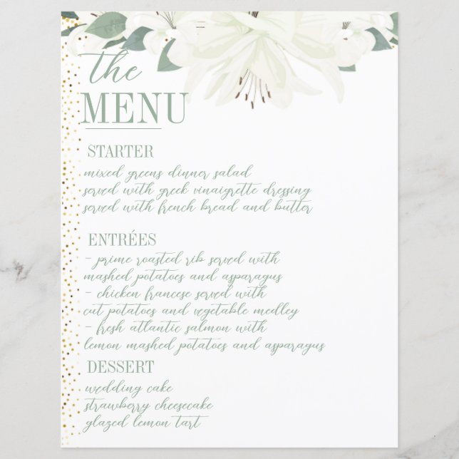 Elegant Charm Green Wildflower Wedding Menu (Front)