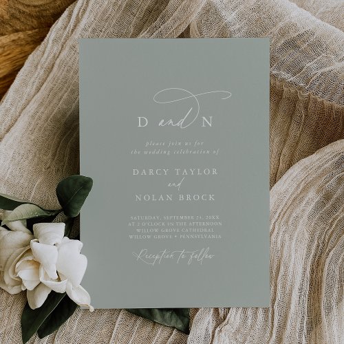 Elegant Charm Monogram Sage Green Wedding Invitation