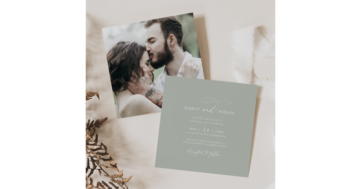 Elegant Charm Photo Sage Green Wedding Invitations | Zazzle