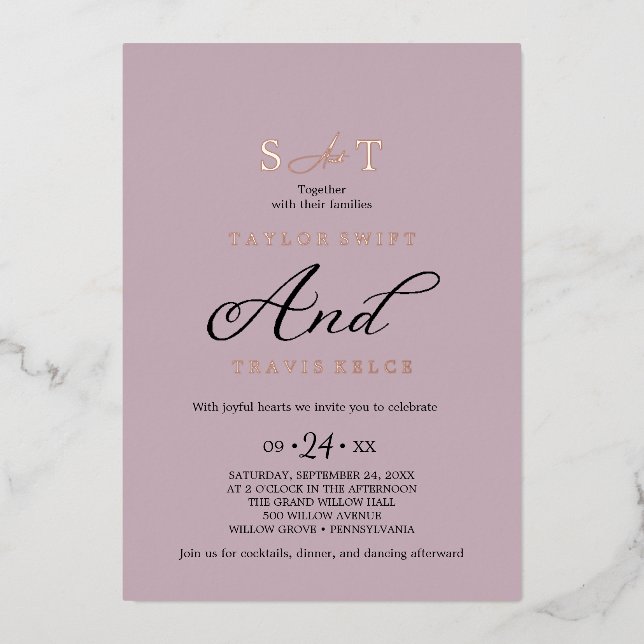 Elegant Charm Pink & Rose Gold Foil Wedding  Foil Invitation (Front)
