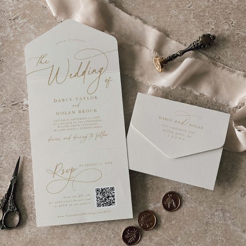 Elegant Charm QR Code Ivory and Gold Wedding All In One Invitation