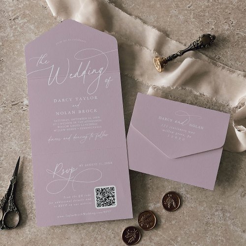 Elegant Charm QR Code Lilac Pink Wedding All In One Invitation