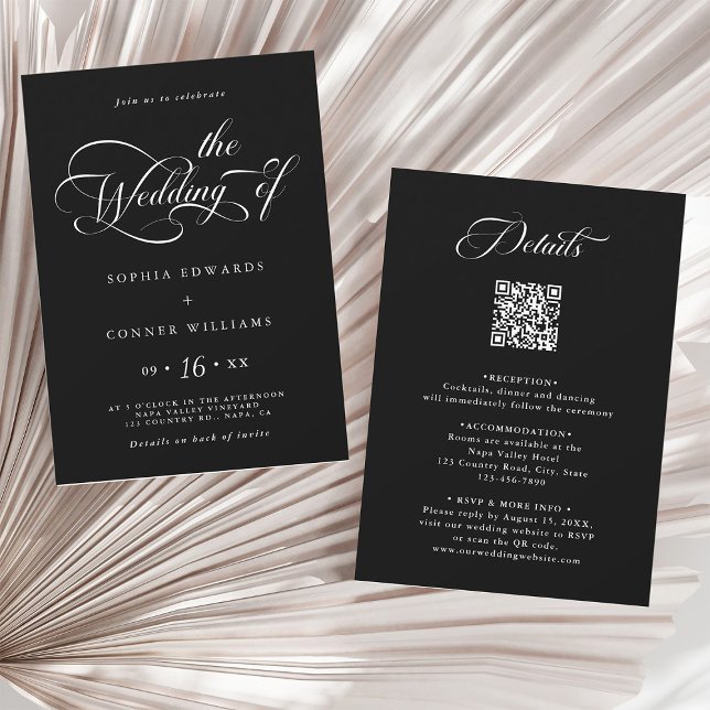 Elegant Charm Script Wedding All in One Black Invitation (Front & Back)