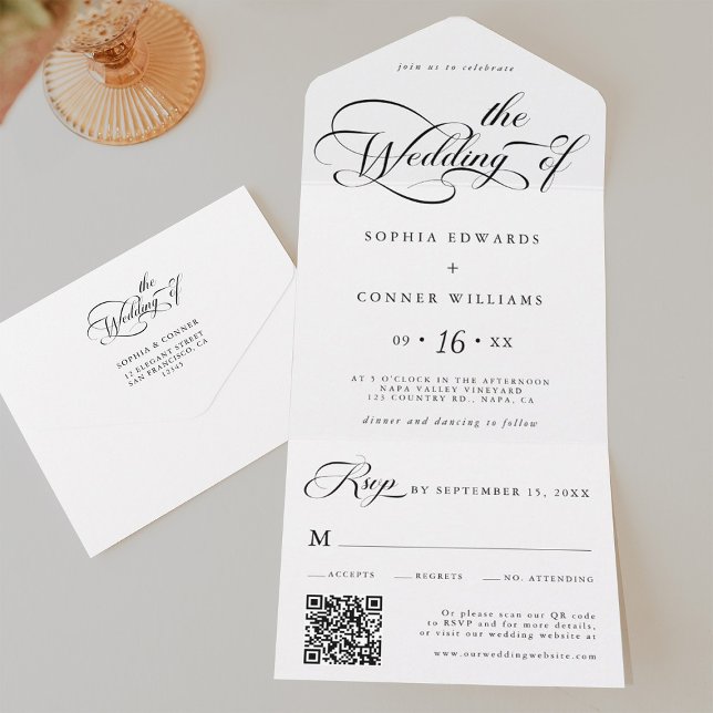 Elegant Charm Script Wedding Black & White All In One Invitation (Inside & Back)