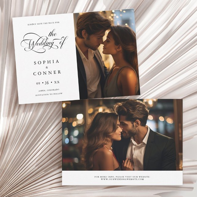 Elegant Charm Script Wedding Black & White Save The Date (Front & Back)