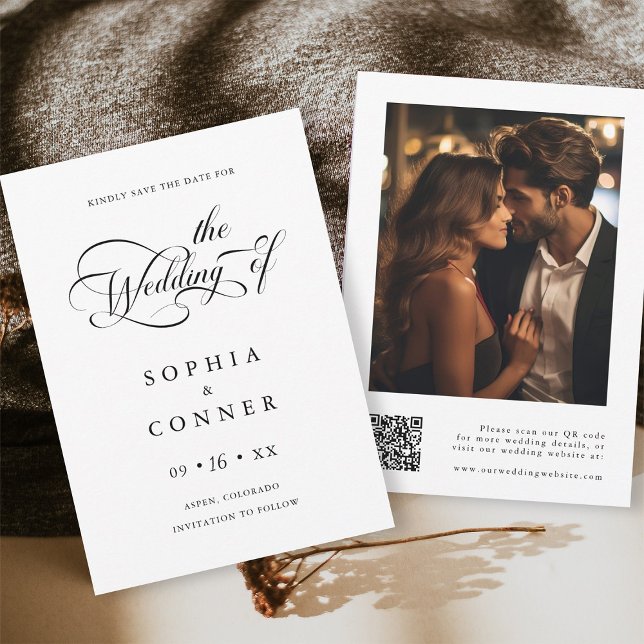 Elegant Charm Script Wedding Photo QR Code Save The Date (Front & Back)