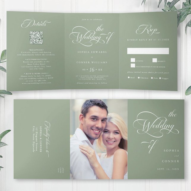 Elegant Charm Script Wedding Sage Green Tri-Fold Invitation (Inside & Outside)