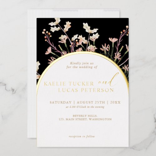 Elegant Charm  Wild Flower Arch  Black  Gold Foil Invitation