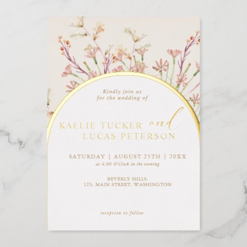 Elegant Charm  Wild Flower Arch Wedding Gold  Foil Invitation
