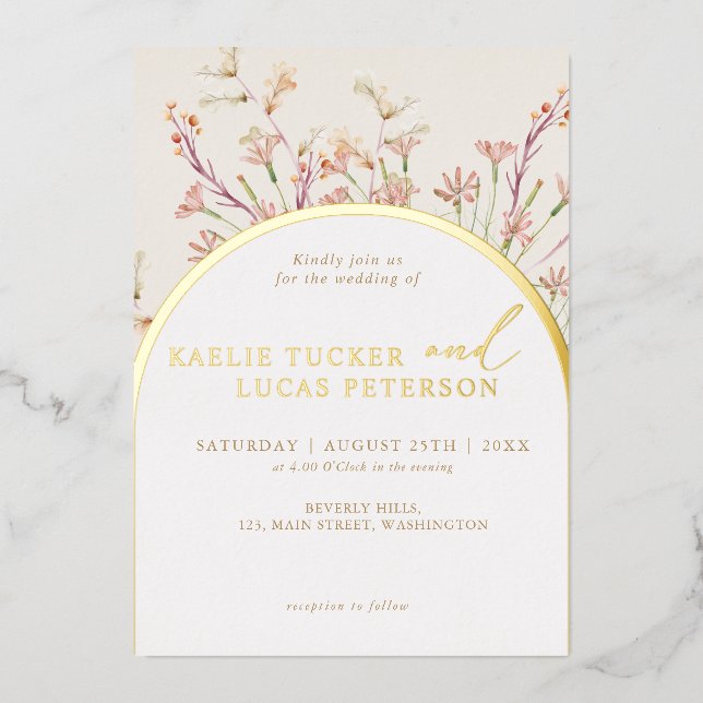 Elegant Charm  Wild Flower Arch Wedding Gold  Foil Invitation (Front)
