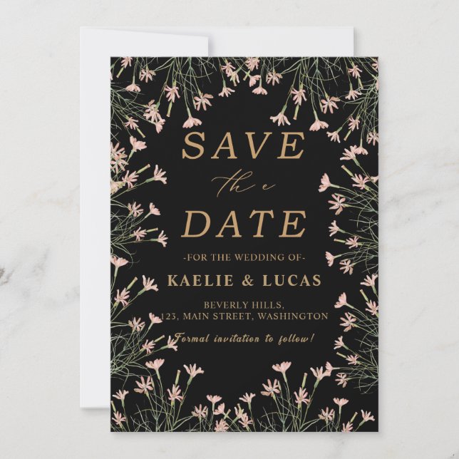 Elegant Charm Wild Flower | Black & Gold Save The Date (Front)