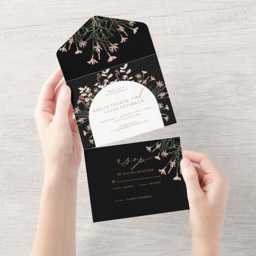 Elegant Charm Wild Flower  Black  Gold Wedding  All In One Invitation