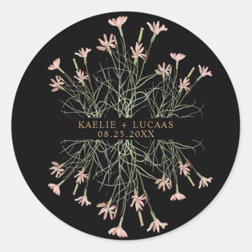 Elegant Charm Wild Flower  Black  Gold Wedding  Classic Round Sticker