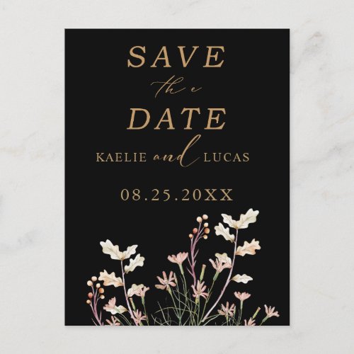 Elegant Charm Wild Flower   Black  Gold Wedding Invitation Postcard