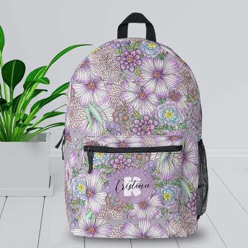 Elegant Charming Purple Flowers Name and Initial Printed Backpack