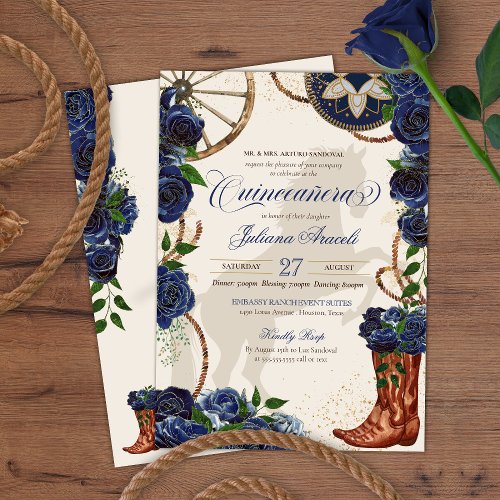 Elegant Charro Blue Rose Western Boots Quinceanera Invitation