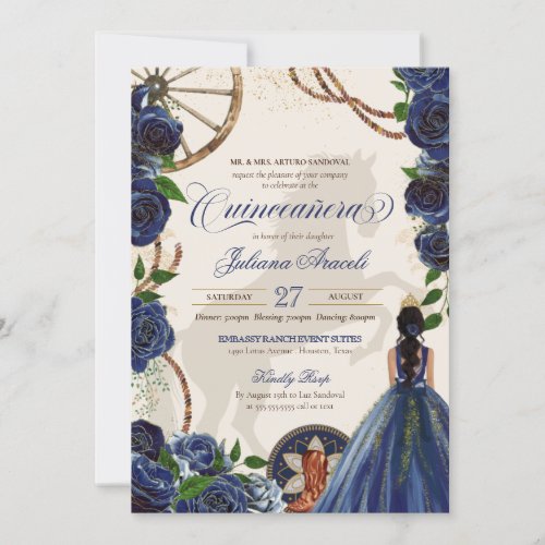 Elegant Charro Blue Rose Western Ranch Quinceanera Invitation
